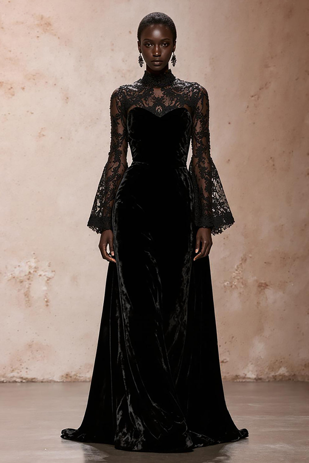 Elegant Black Velvet High Neck Long Lace Holiday Party Dress with Sleeves