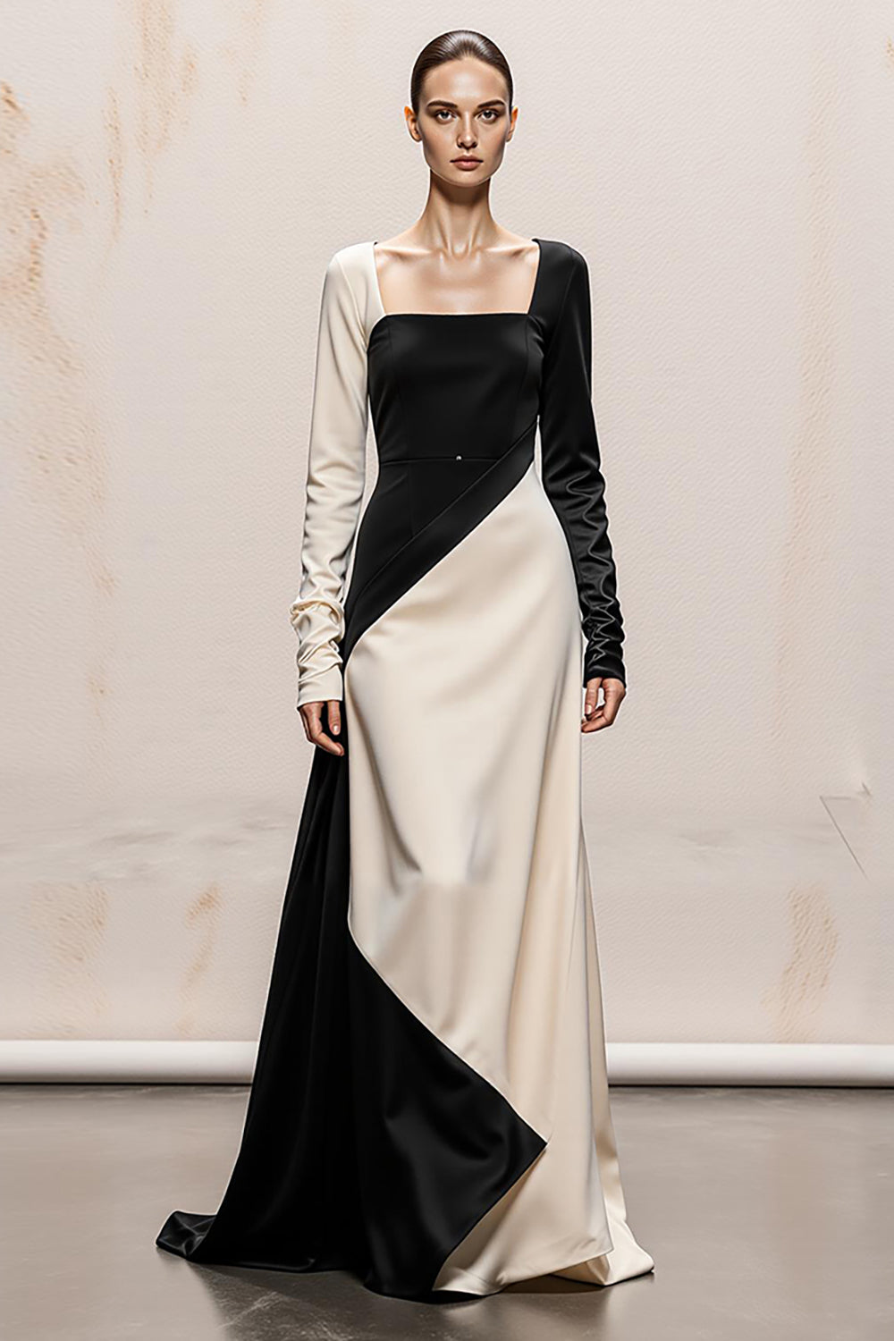 Modest Black and White Satin Mermaid Square Neck Long Formal Dress with Sleeves