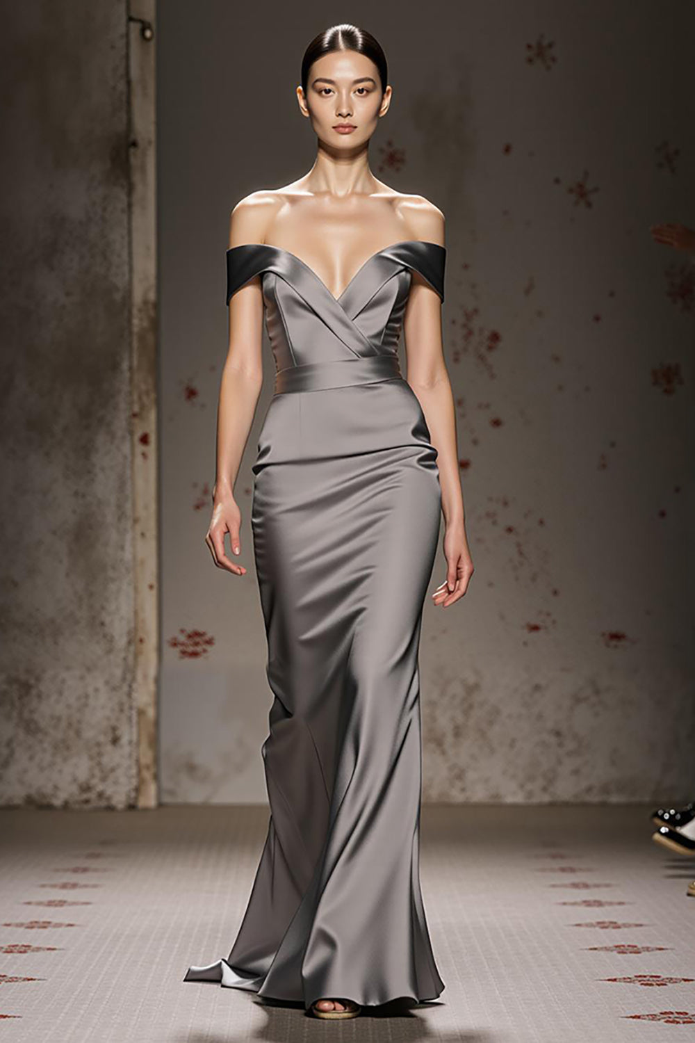 Elegant Silver Mermaid Off the Shoulder Long Satin Formal Dress