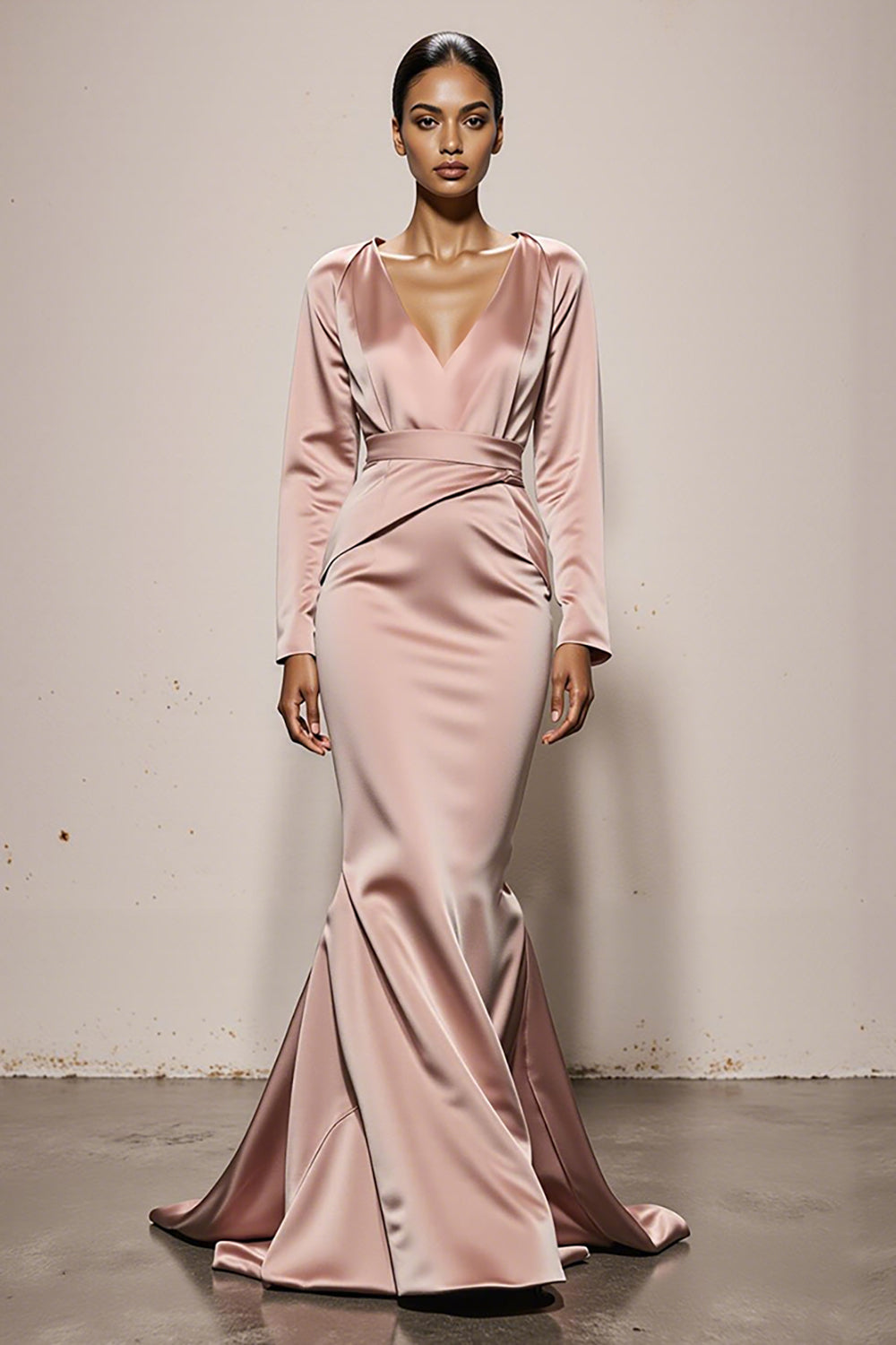 Modest Light Pink Mermaid Satin Backless Long Sleeves Formal Dress