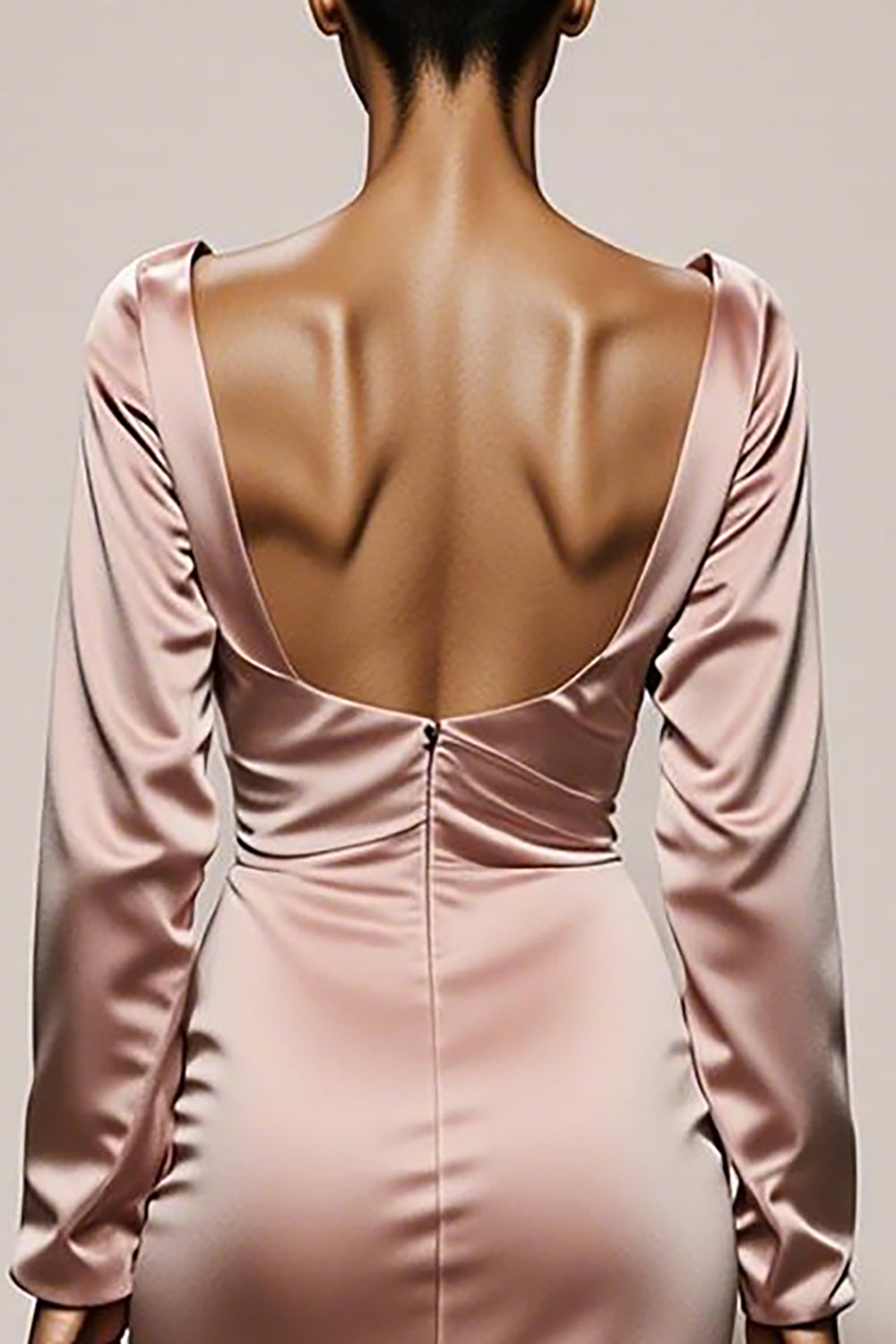 Modest Light Pink Mermaid Satin Backless Long Sleeves Formal Dress