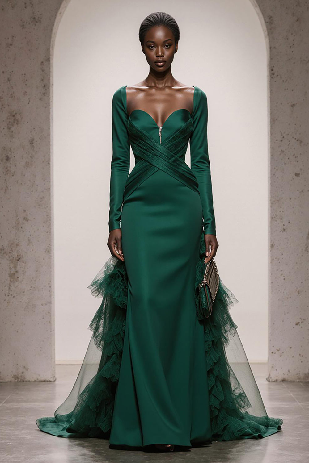 Modest Dark Green Mermaid Satin Long Sleeves Formal Dress with Ruffles