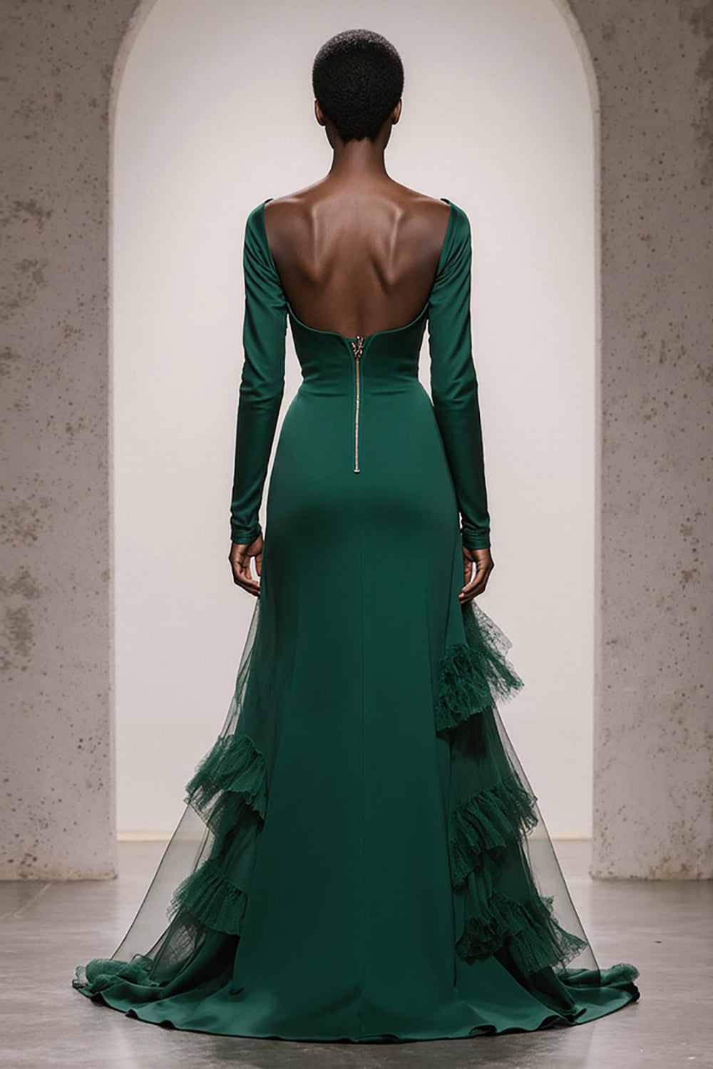 Modest Dark Green Mermaid Satin Long Sleeves Formal Dress with Ruffles