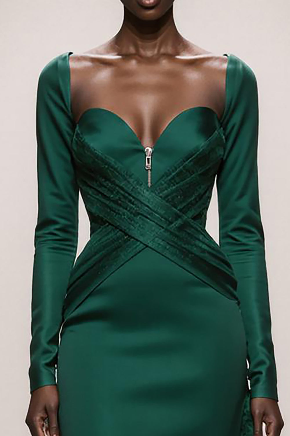 Modest Dark Green Mermaid Satin Long Sleeves Formal Dress with Ruffles