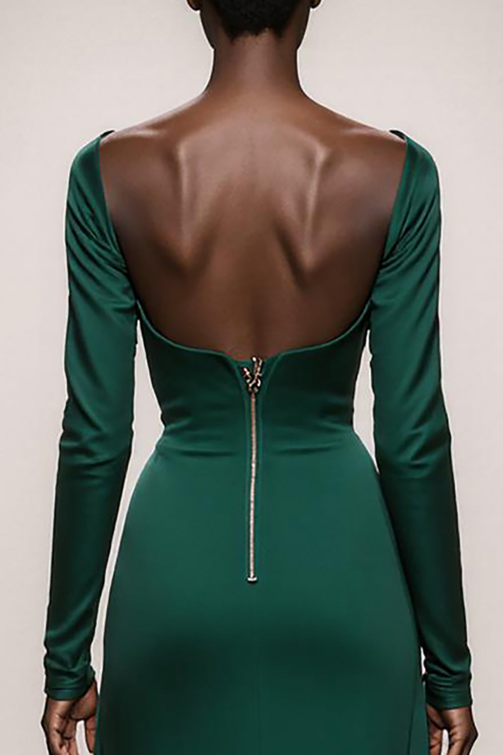 Modest Dark Green Mermaid Satin Long Sleeves Formal Dress with Ruffles