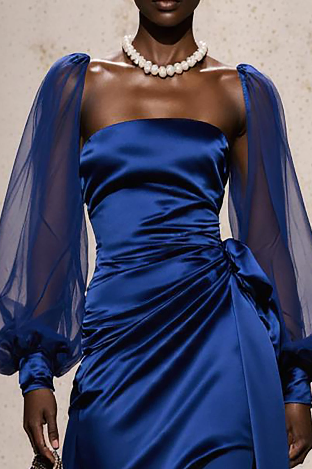 Royal Blue Satin Mermaid Ruched Long Sleeves Formal Dress with Sash