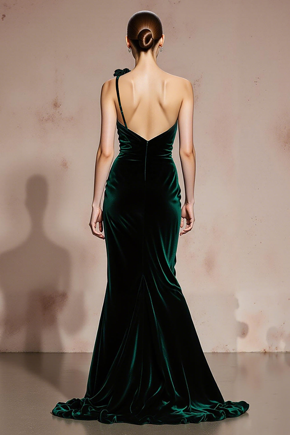Dark Green Velvet One Shoulder Long Mermaid Holiday Party Dress with 3D Flower