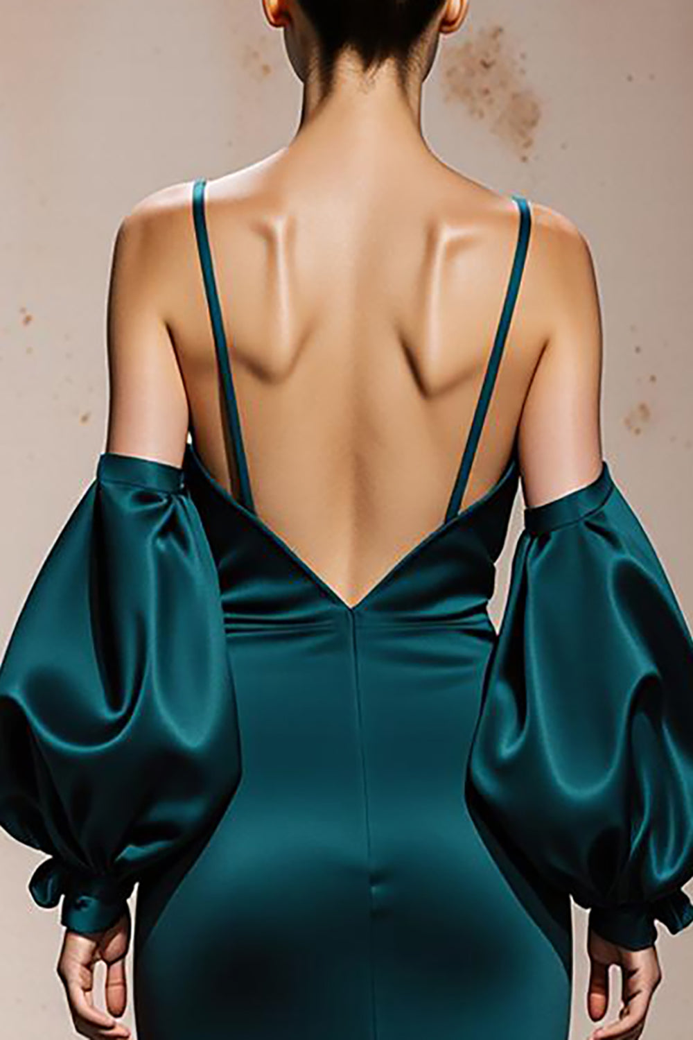 Peacock Blue Satin Mermaid Spaghetti Straps Long Formal Dress with Sleeves