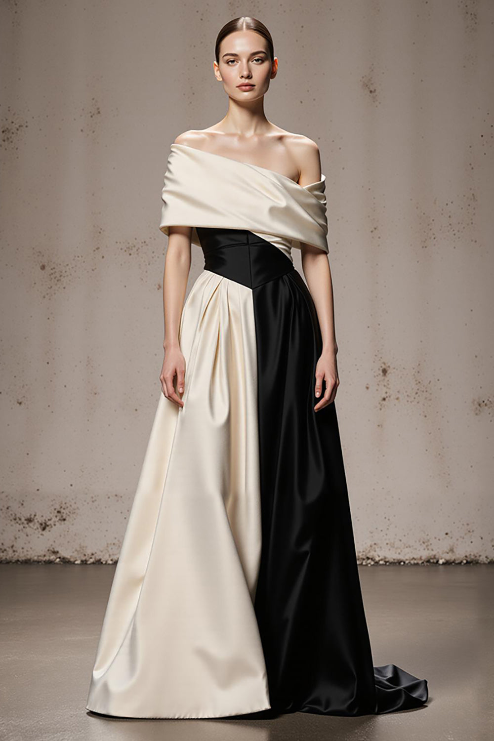 Elegant Black and White A-Line Off the Shoulder Long Satin Formal Dress