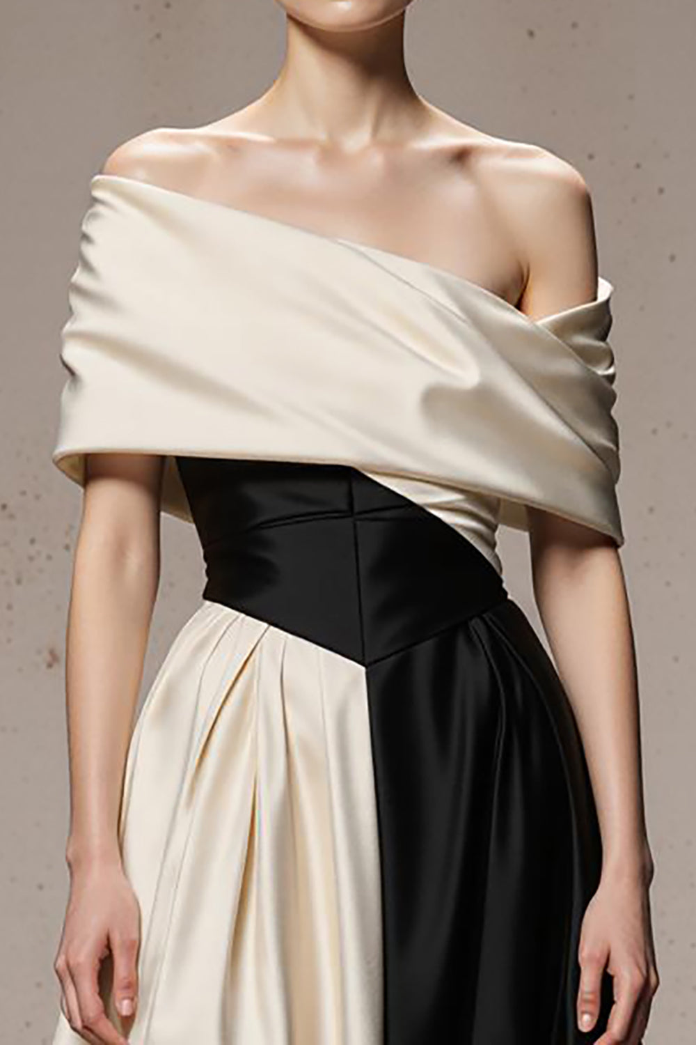 Elegant Black and White A-Line Off the Shoulder Long Satin Formal Dress