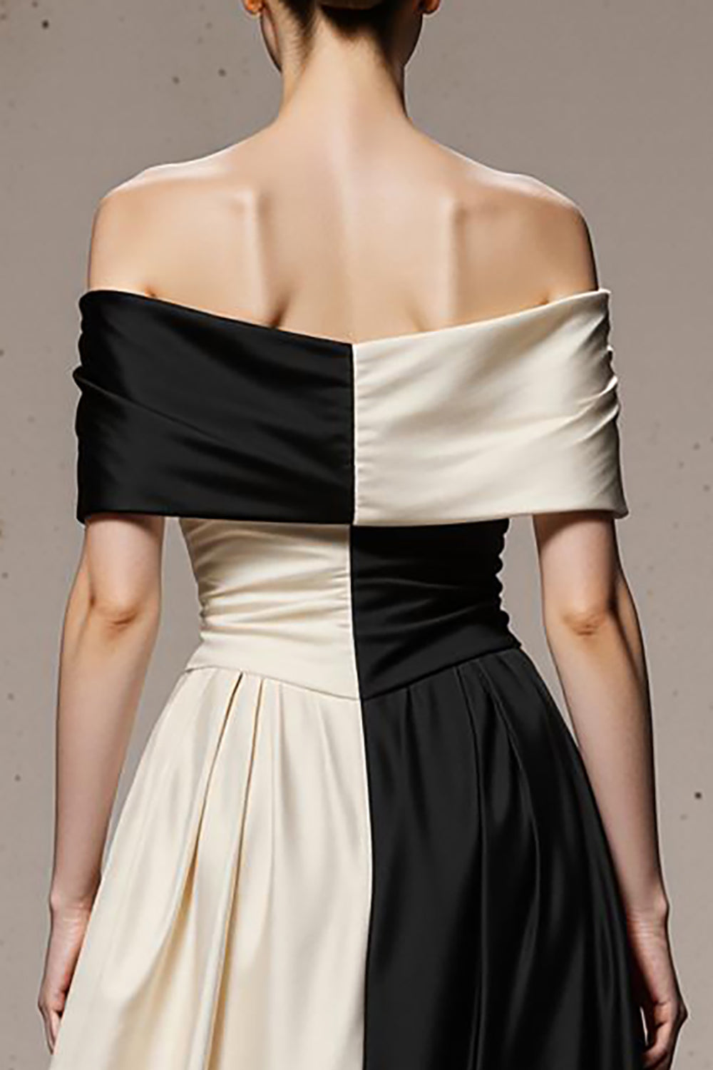Elegant Black and White A-Line Off the Shoulder Long Satin Formal Dress