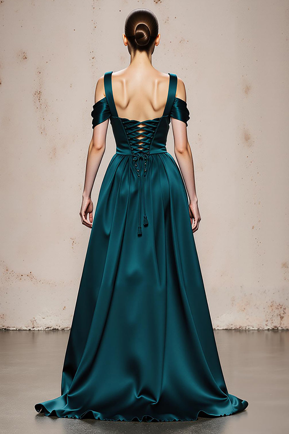 Peacock Blue A-Line Cold Shoulder Long Satin Formal Dress