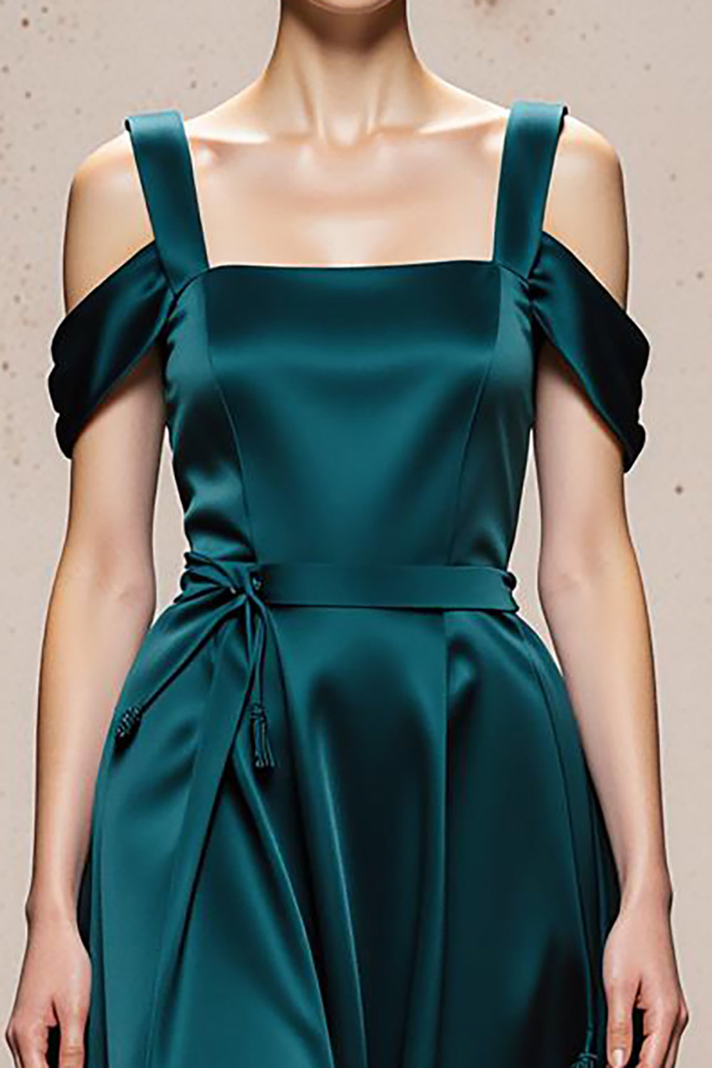 Peacock Blue A-Line Cold Shoulder Long Satin Formal Dress