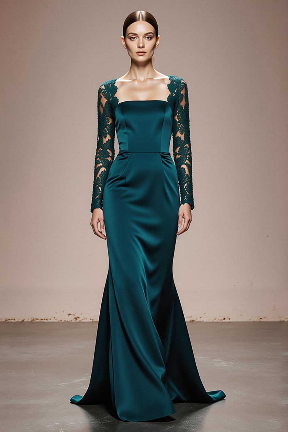 Modest Peacock Blue Mermaid Satin Long Sleeves Formal Dress wuth Lace