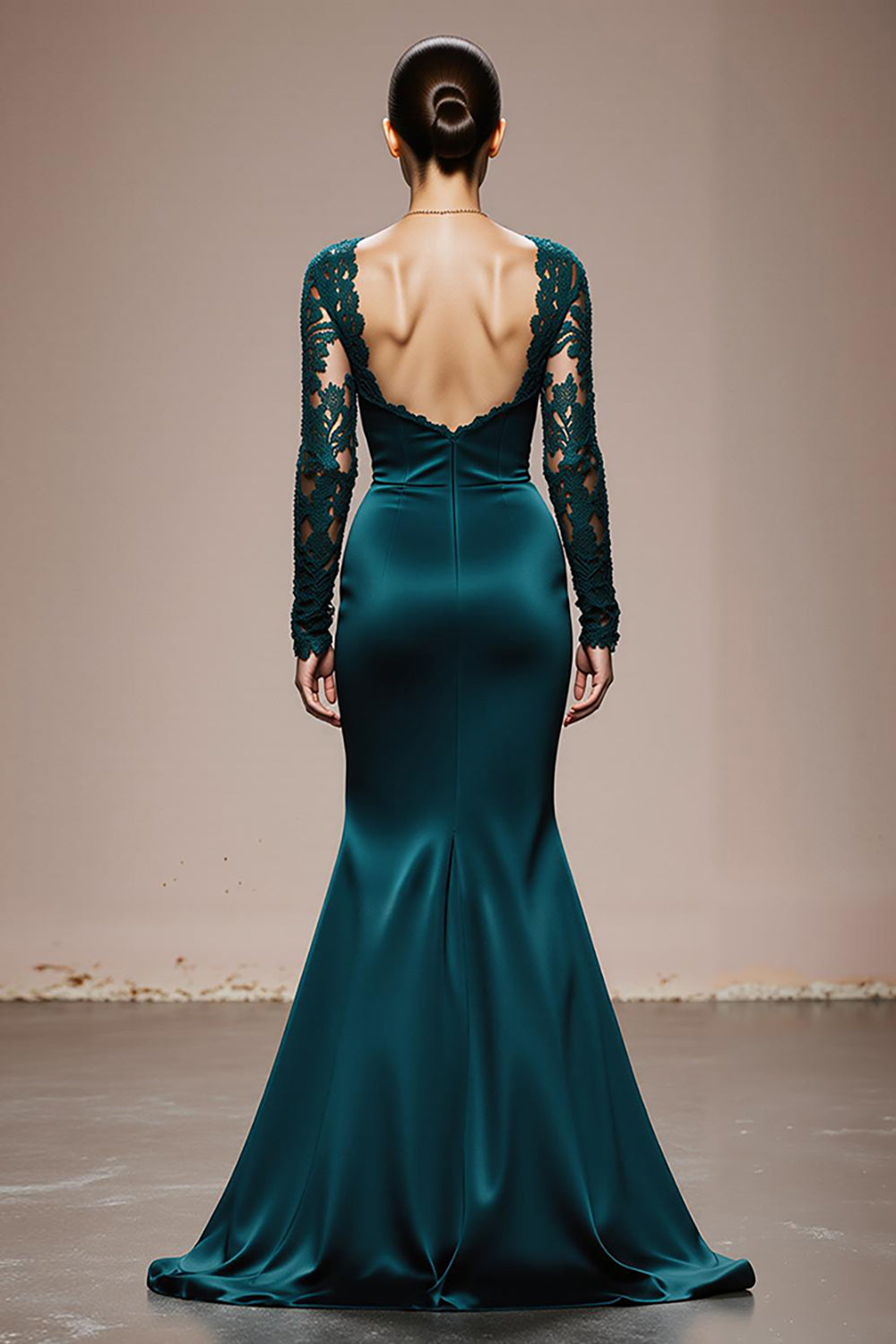 Modest Peacock Blue Mermaid Satin Long Sleeves Formal Dress wuth Lace