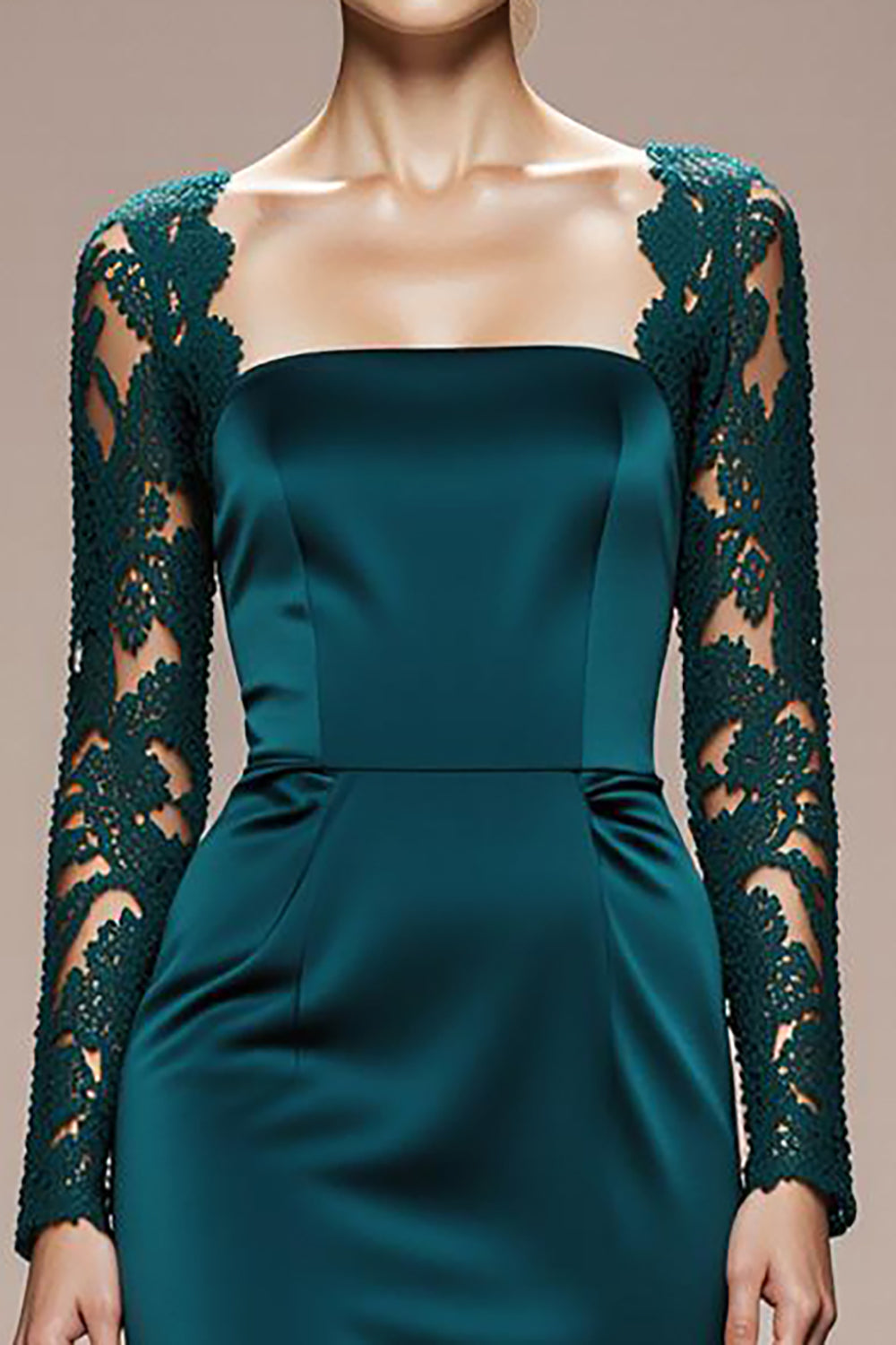 Modest Peacock Blue Mermaid Satin Long Sleeves Formal Dress wuth Lace