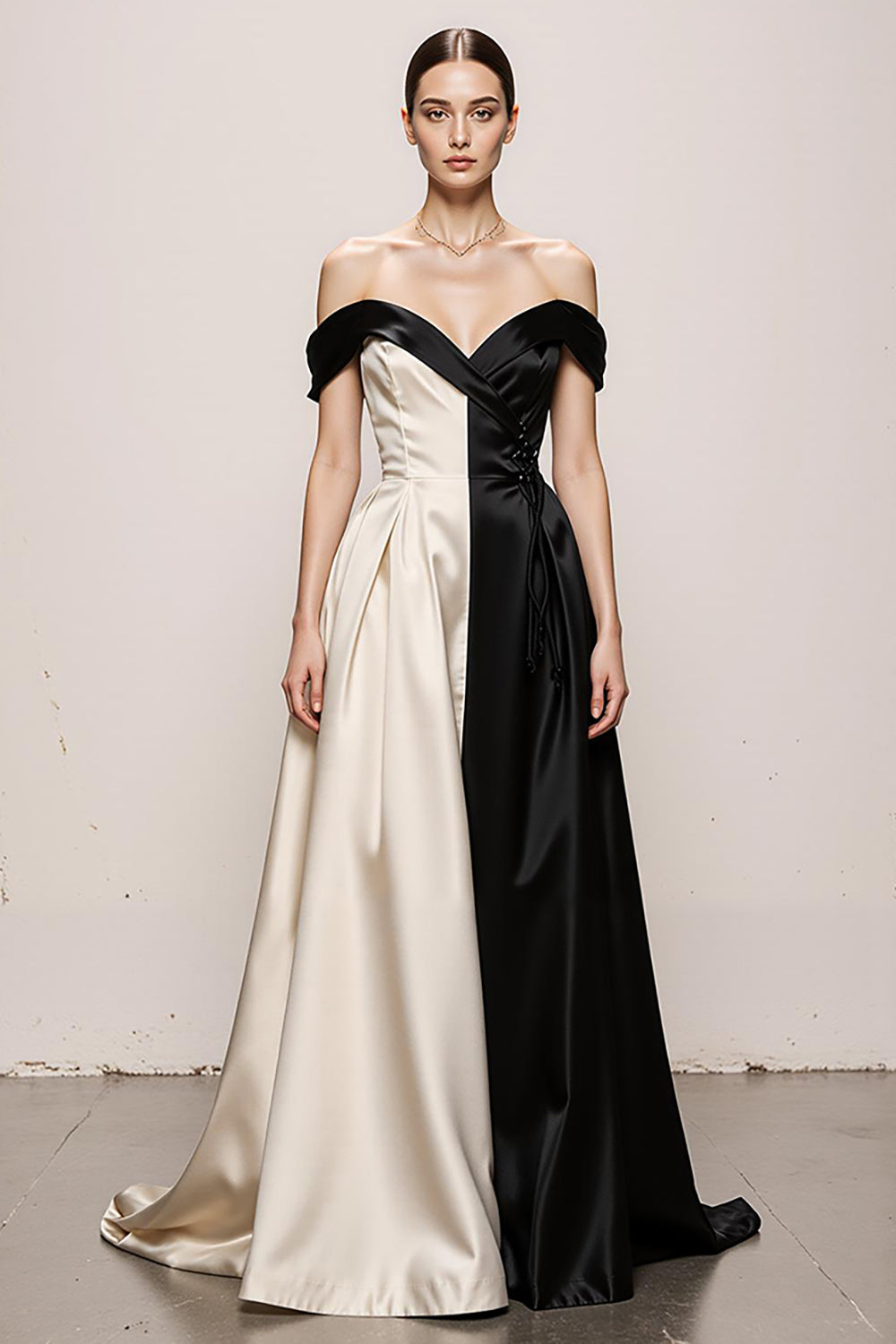 Black and White A-Line Off the Shoulder Sweetheart Long Satin Formal Dress