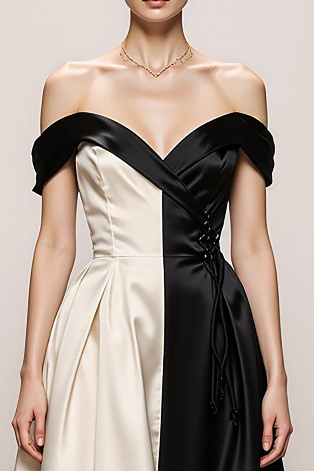 Black and White A-Line Off the Shoulder Sweetheart Long Satin Formal Dress
