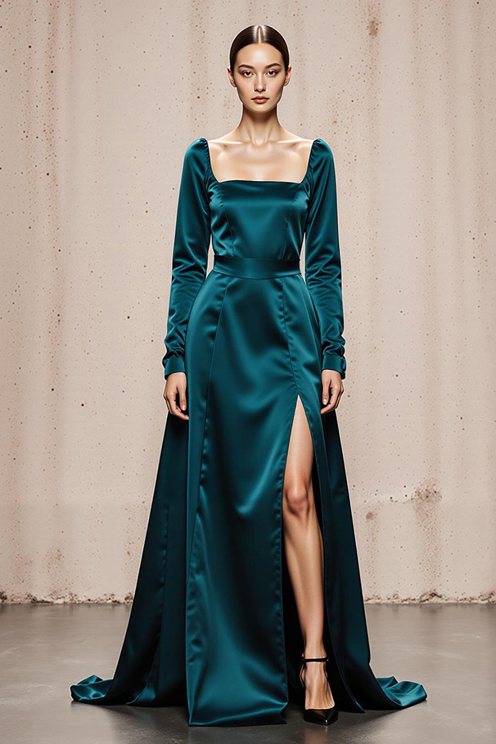 Modest Peacock Blue Satin Square Neck Long Sleeves Formal Dress with Slit