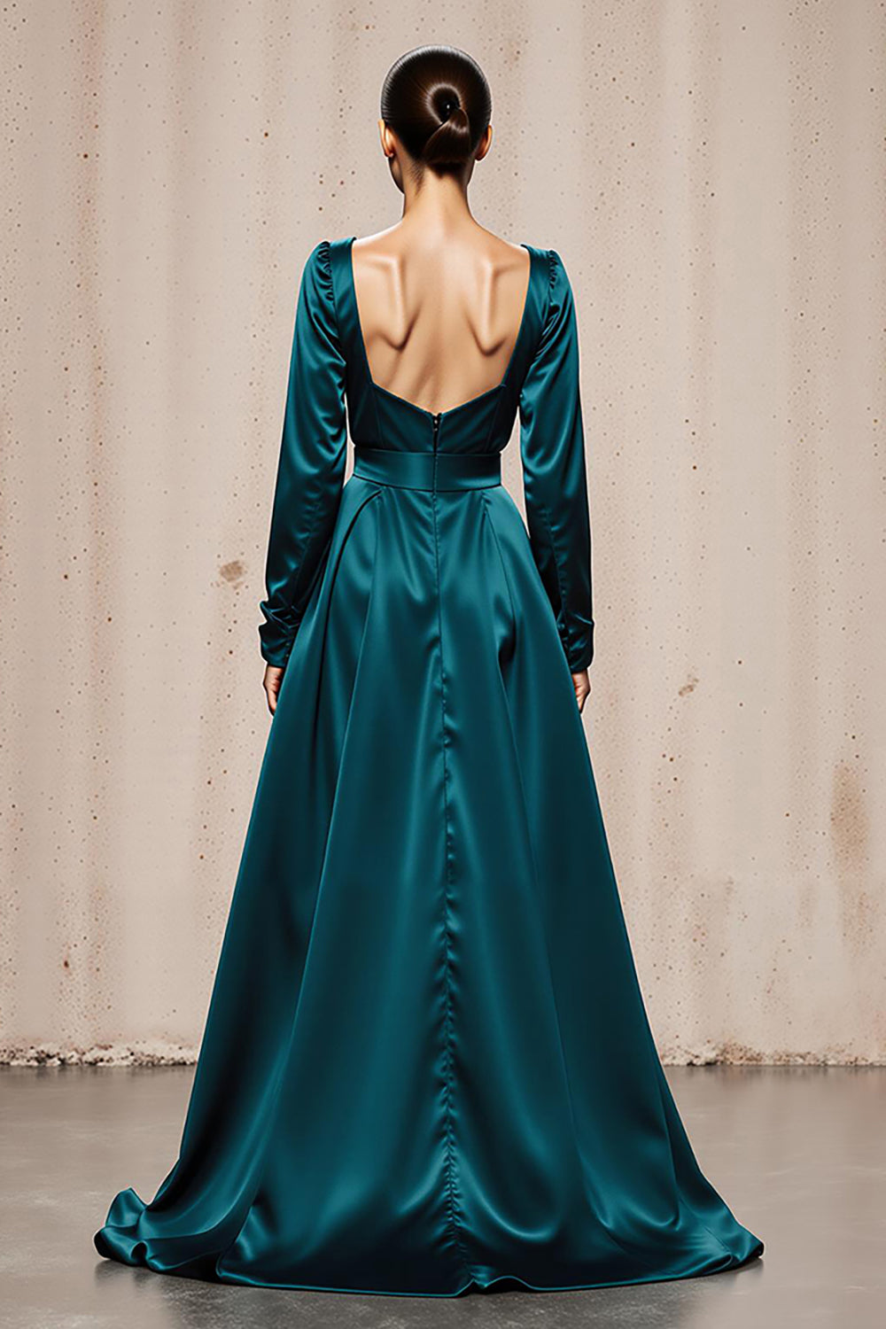 Modest Peacock Blue Satin Square Neck Long Sleeves Formal Dress with Slit