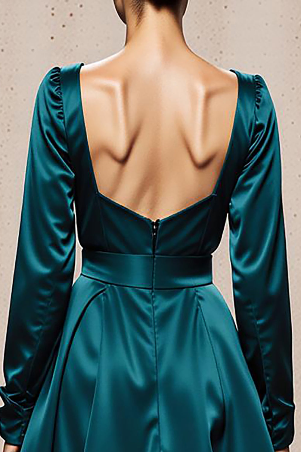 Modest Peacock Blue Satin Square Neck Long Sleeves Formal Dress with Slit