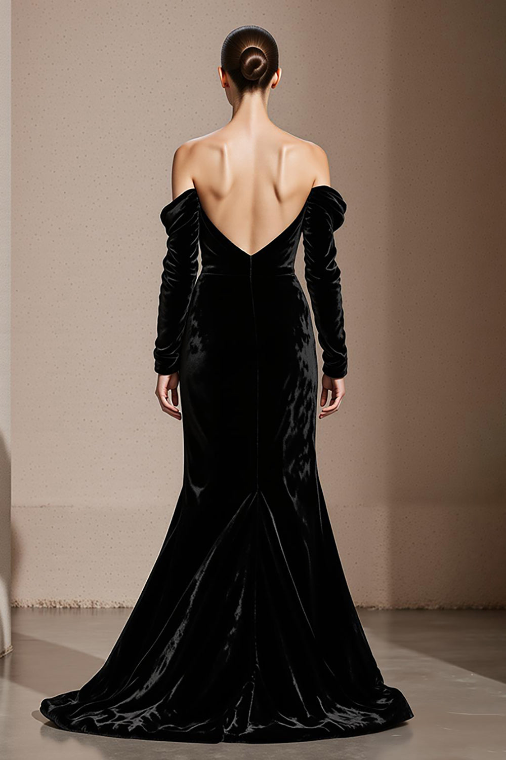 Black Velvet Mermaid Off the Shoulder Long Backless Holiday Party Dress with Sleeves