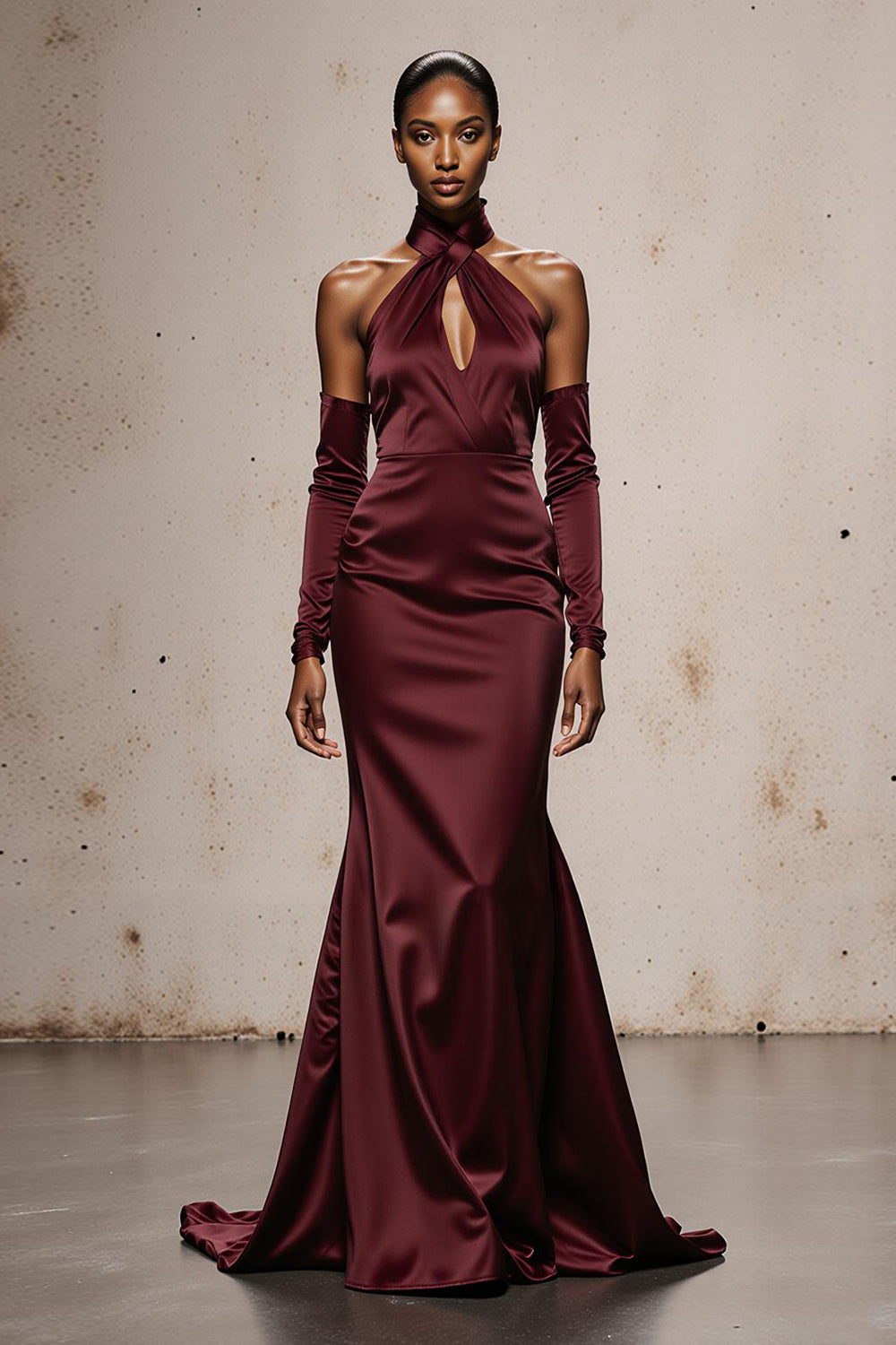 Burgundy Satin Halter Long Mermaid Formal Dress with Sleeves