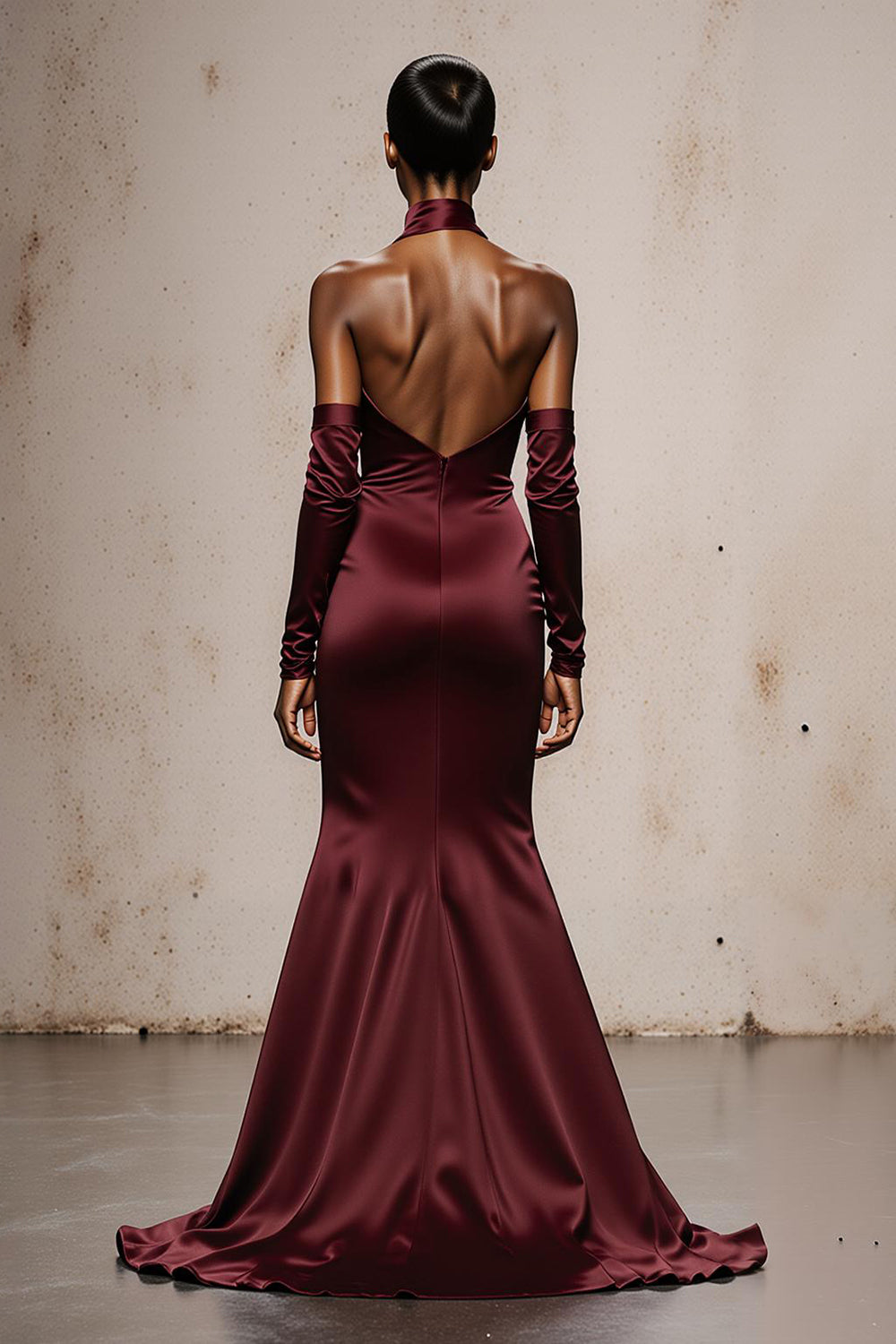 Burgundy Satin Halter Long Mermaid Formal Dress with Sleeves