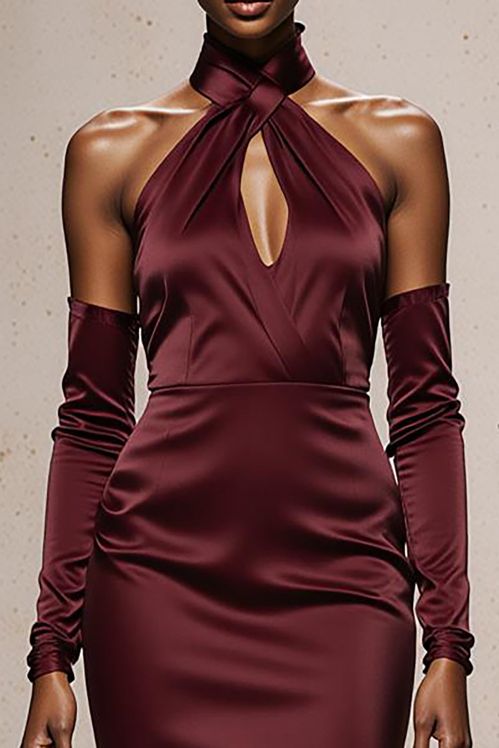 Burgundy Satin Halter Long Mermaid Formal Dress with Sleeves