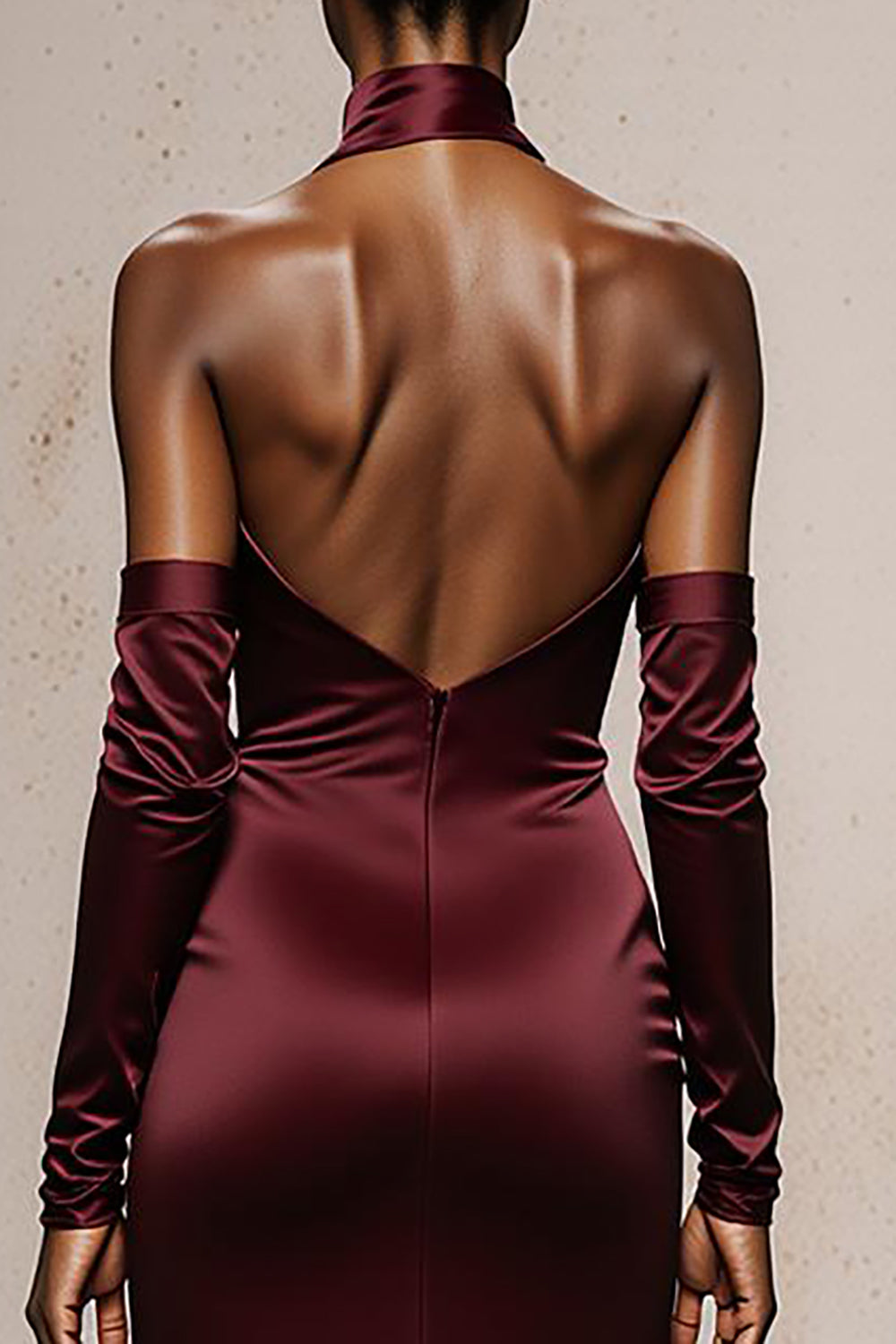 Burgundy Satin Halter Long Mermaid Formal Dress with Sleeves