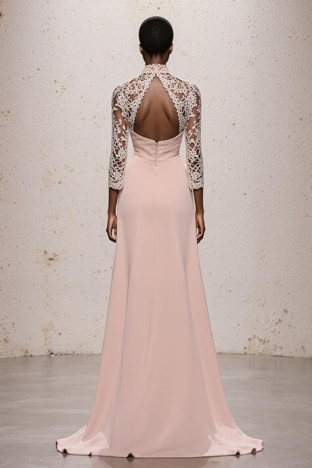 Light Pink High Neck Long Satin Formal Dress with Lace