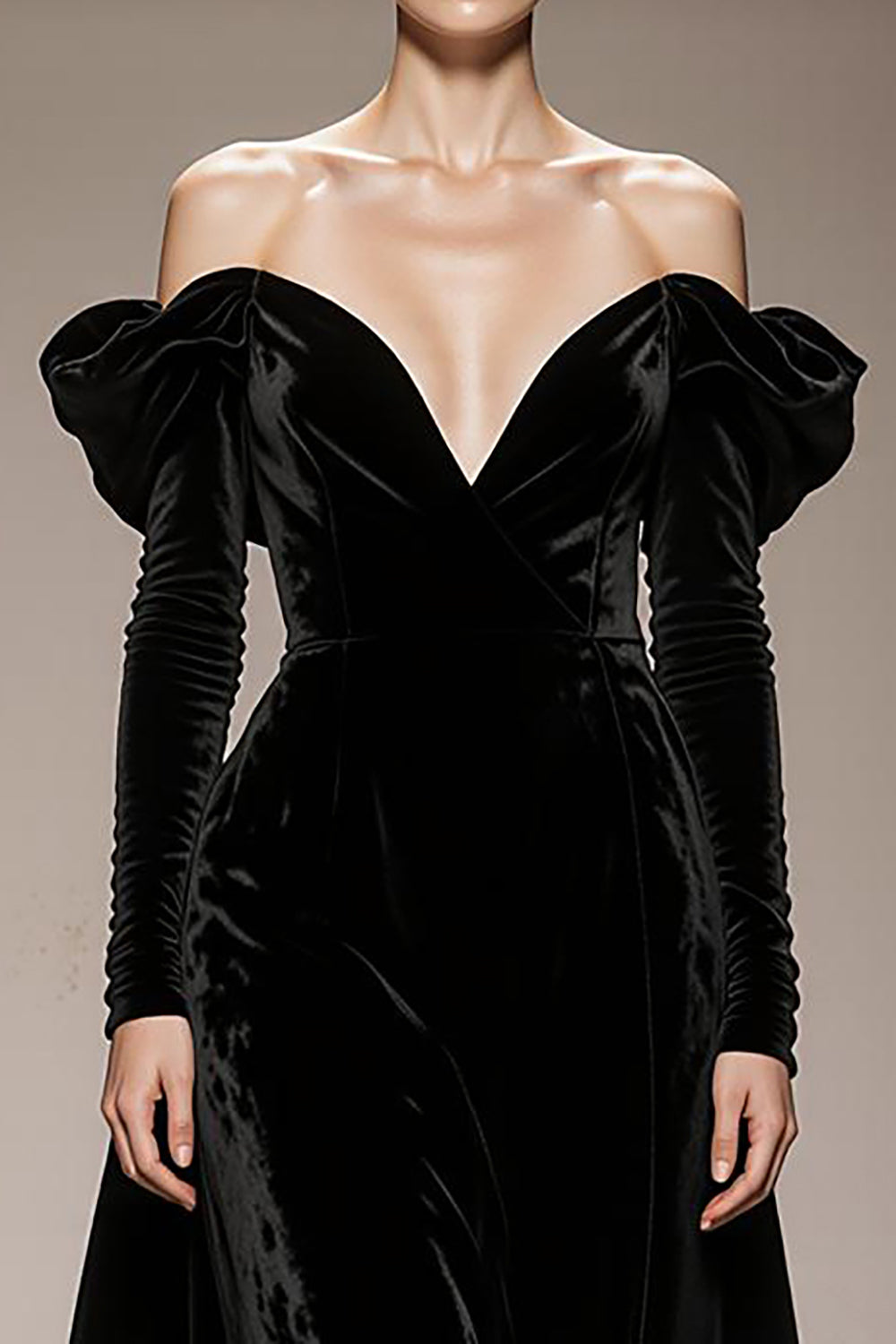 Black Velvet Off the Shoulder A-Line Long Sleeves Formal Dress