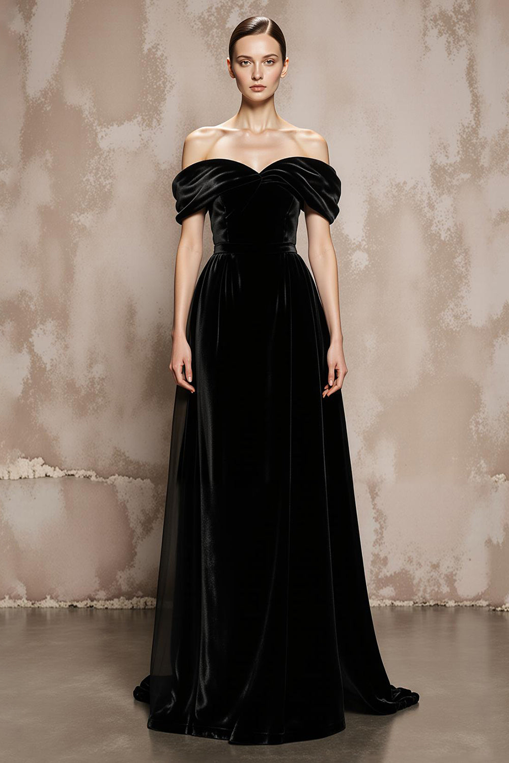 Black A-Line Off the Shoulder Long Velvet Formal Dress