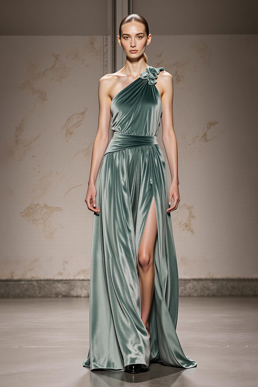 Mint Green One Shoulder Long Velvet Formal Dress with Slit