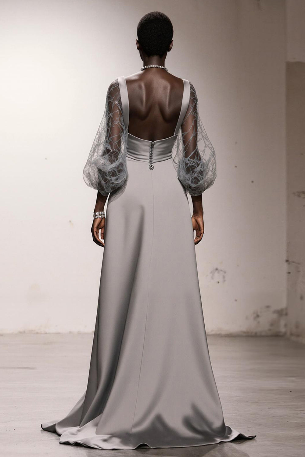 Elegant Silver Backless Long Satin Formal Dress with Sleeves