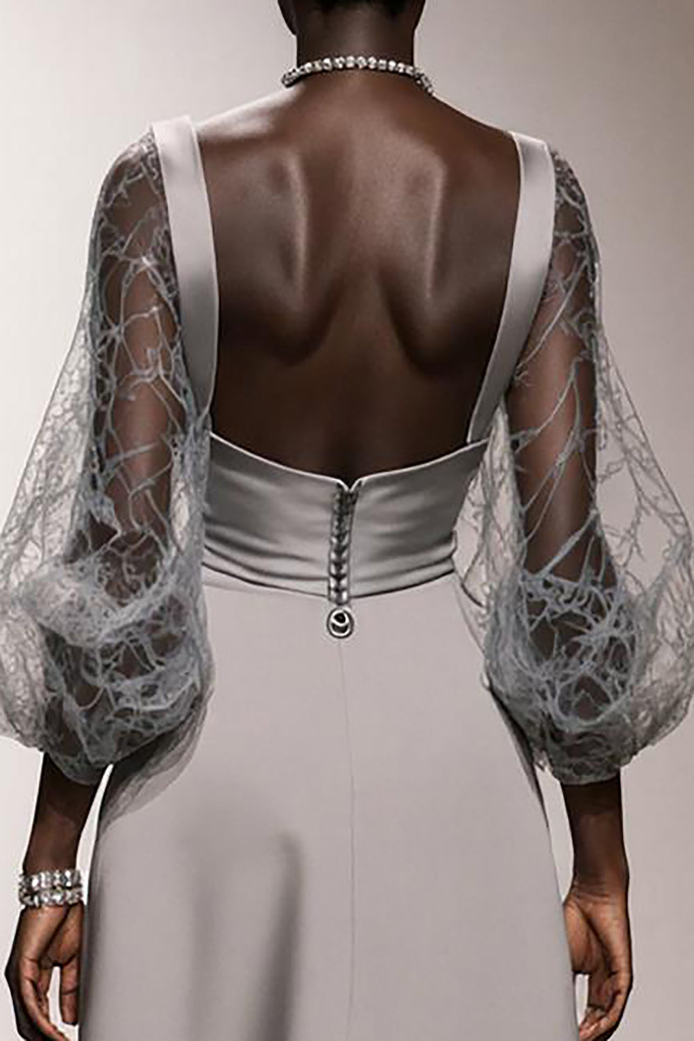 Elegant Silver Backless Long Satin Formal Dress with Sleeves