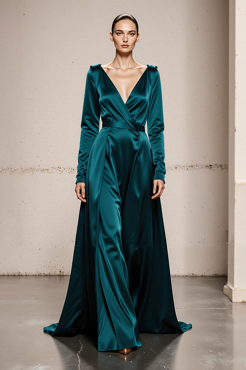 Peacock Green Satin V-Neck A-Line Long Sleeves Formal Dress