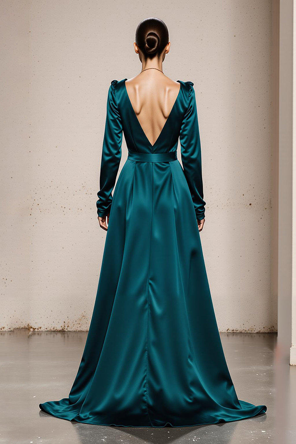 Peacock Green Satin V-Neck A-Line Long Sleeves Formal Dress