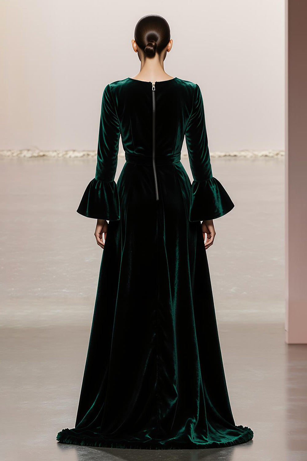Dark Green A-Line Round Neck Long Velvet Formal Dress with Sleeves