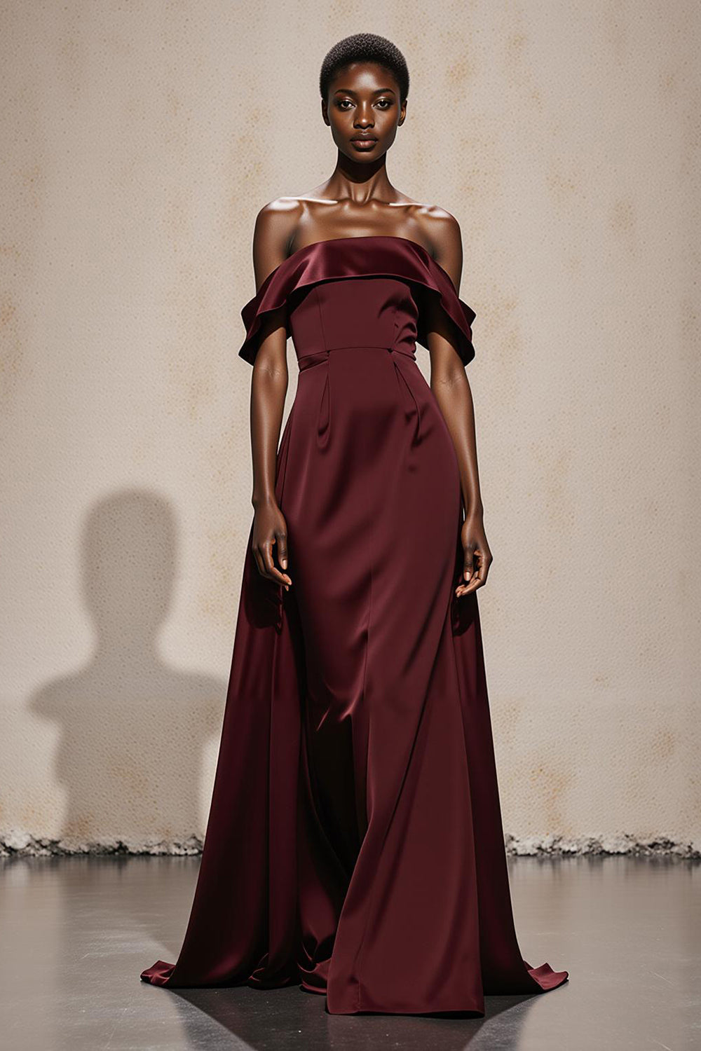 Burgundy Satin Off the Shoulder A-Line Long Formal Dress