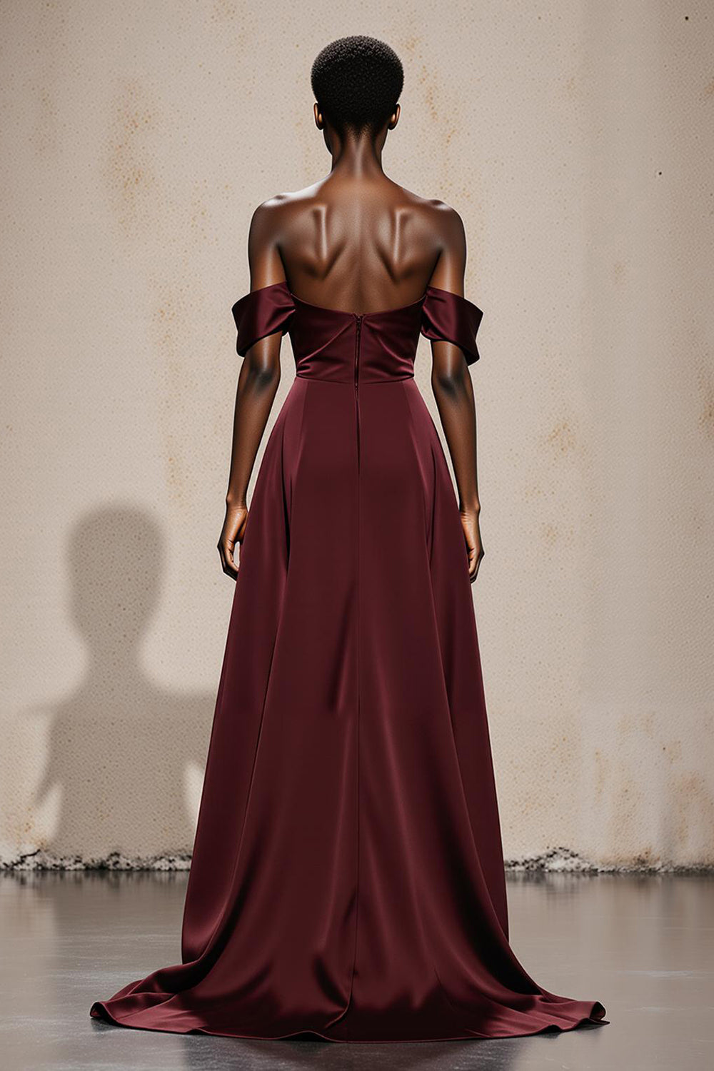Burgundy Satin Off the Shoulder A-Line Long Formal Dress