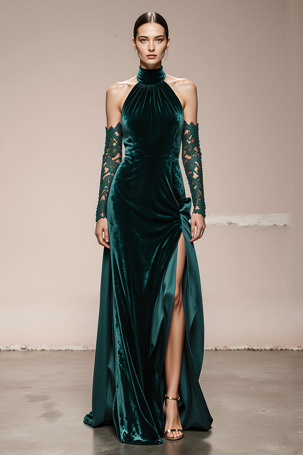 Dark Green Velvet Halter Long Backless Formal Dress with Slit