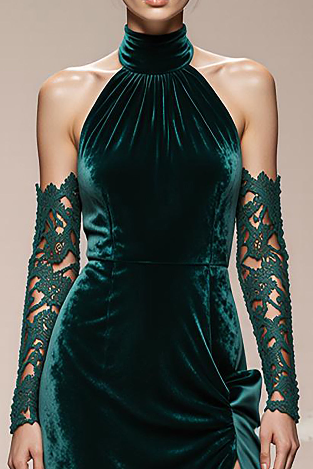 Dark Green Velvet Halter Long Backless Formal Dress with Slit