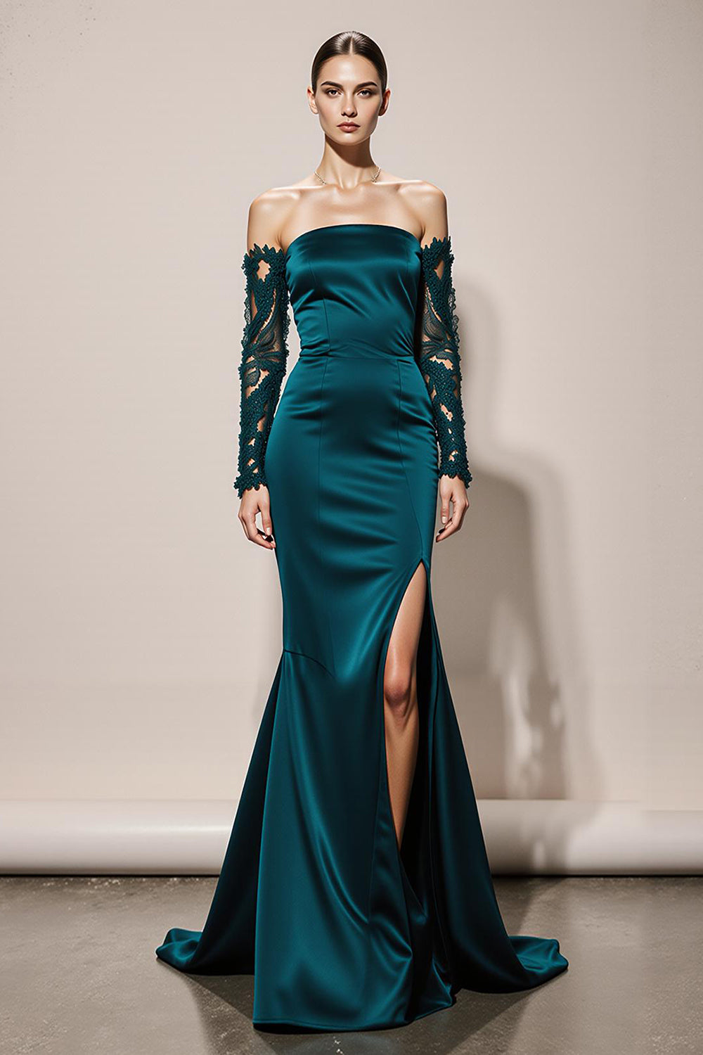 Peacock Green Satin Off the Shoulder Long Mermaid Formal Dress with Lace