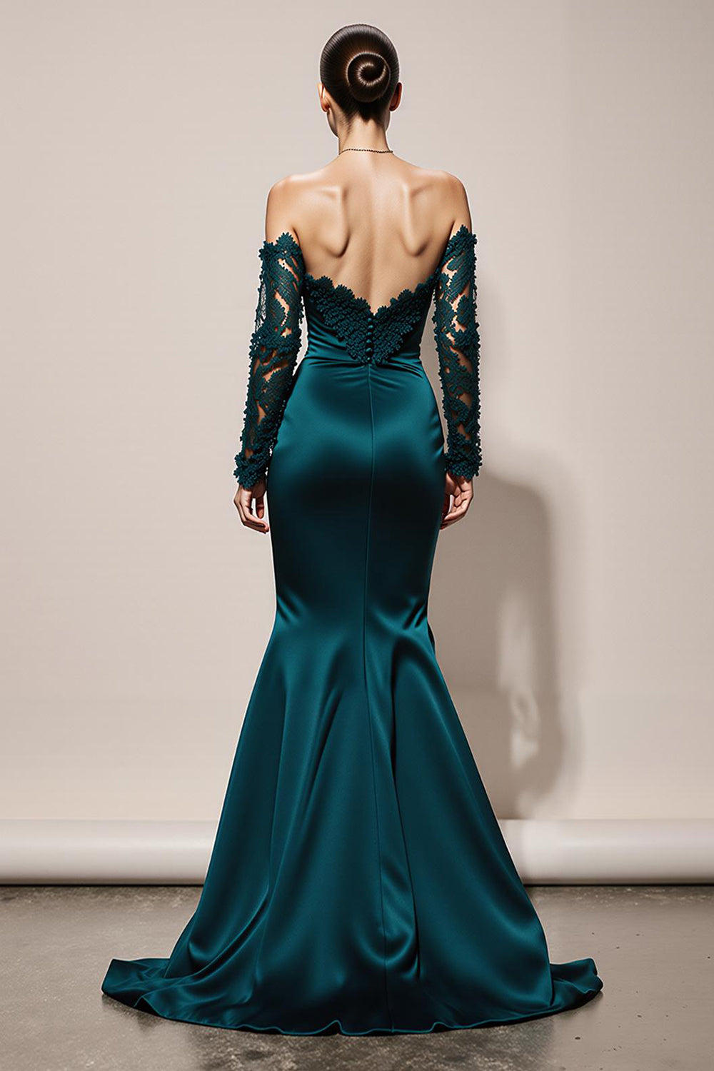 Peacock Green Satin Off the Shoulder Long Mermaid Formal Dress with Lace