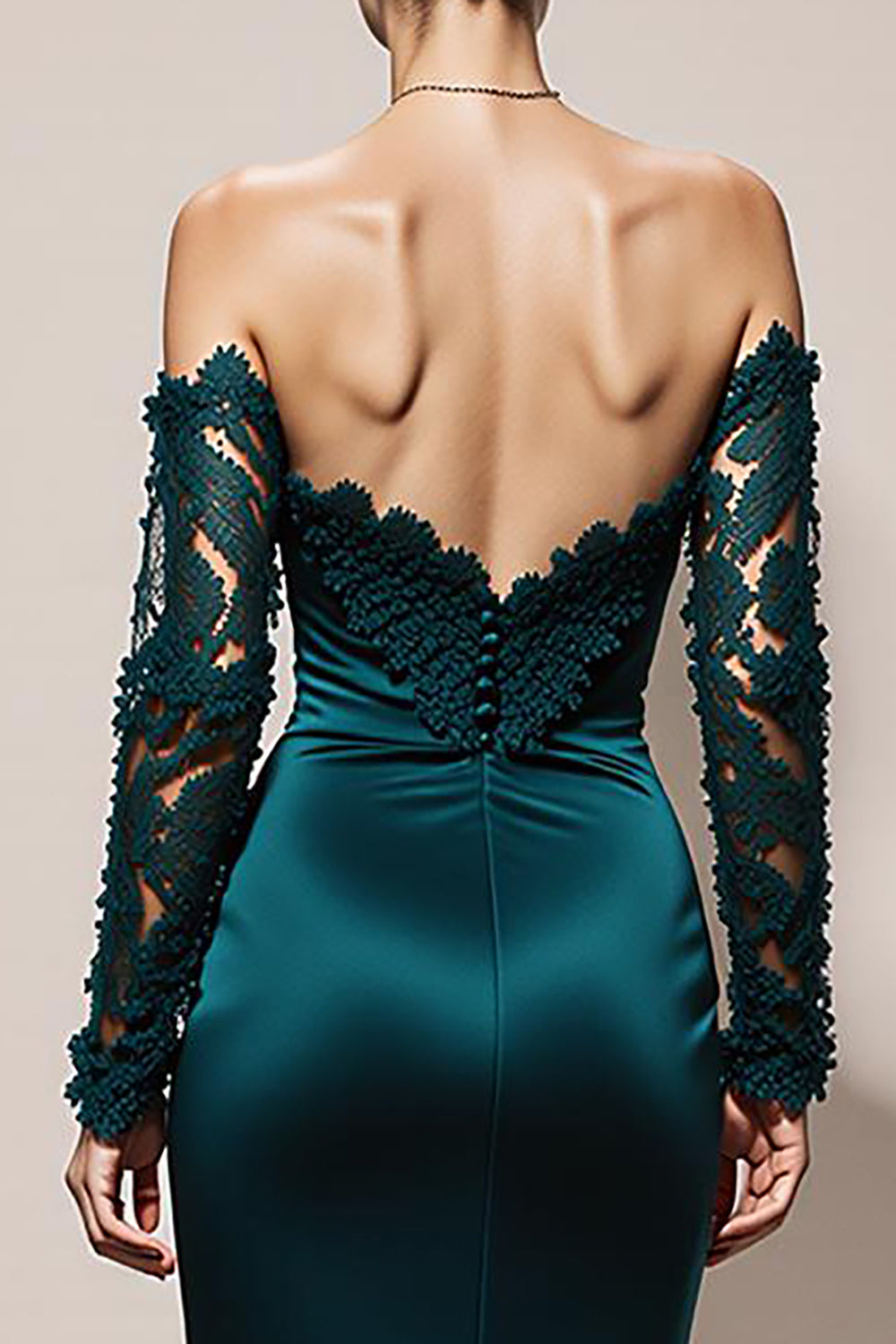 Peacock Green Satin Off the Shoulder Long Mermaid Formal Dress with Lace