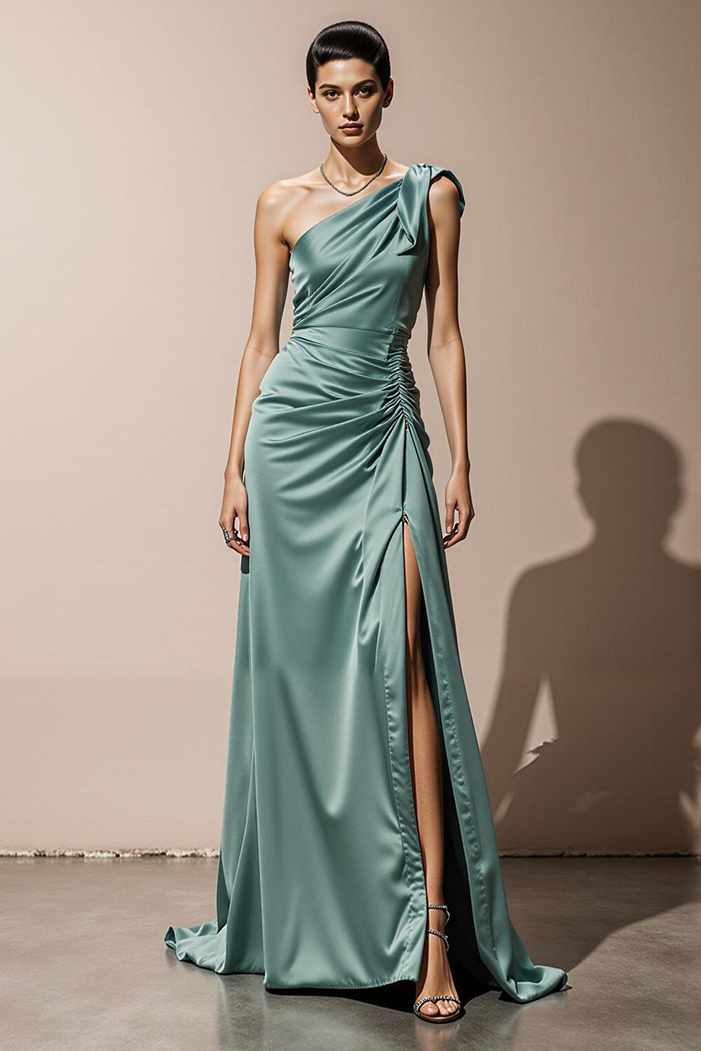Mint Green Satin One Shoulder Ruched Long Formal Dress with Slit