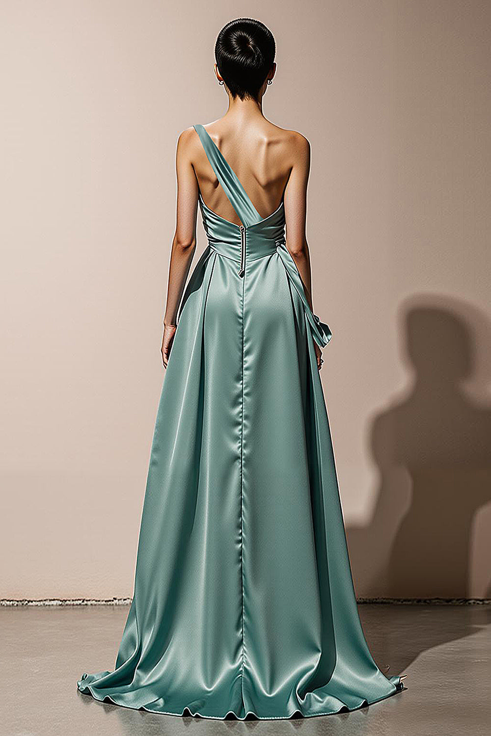 Mint Green Satin One Shoulder Ruched Long Formal Dress with Slit