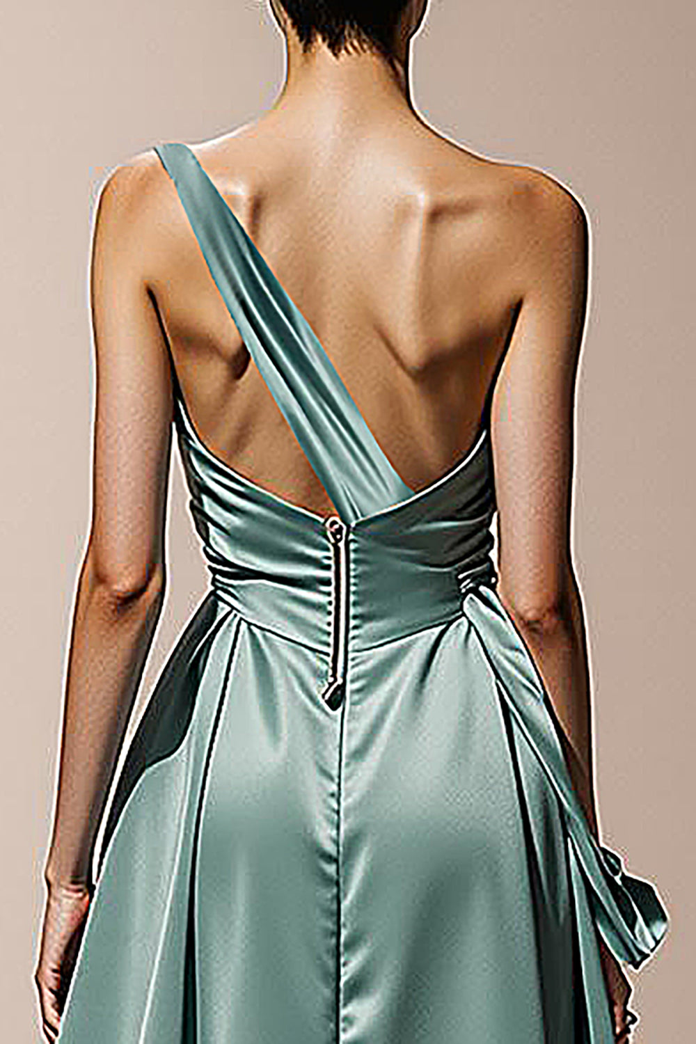 Mint Green Satin One Shoulder Ruched Long Formal Dress with Slit