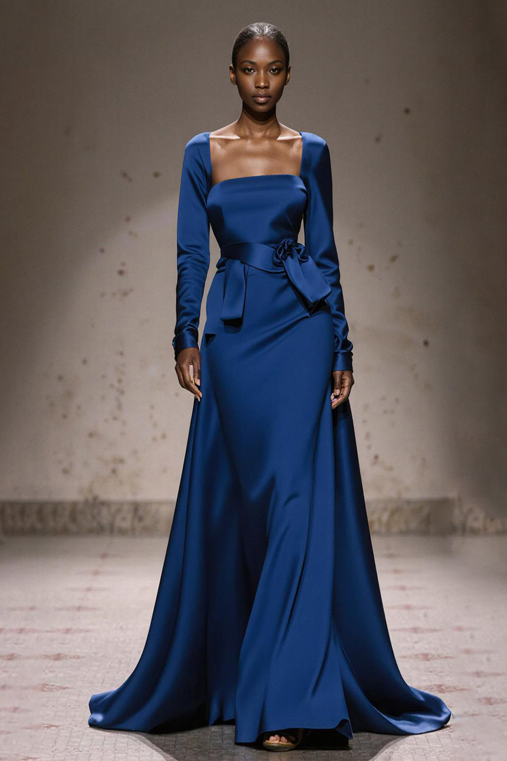 Royal Blue Satin Square Neck Long Formal Dress with Sleeves